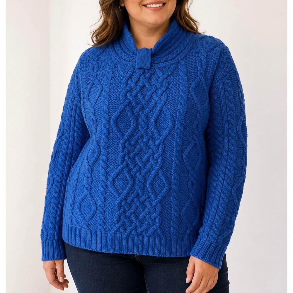 Aran Sweater Market Sweater Shawl Neck‎ Merino Wool Cable Knit Blue XL